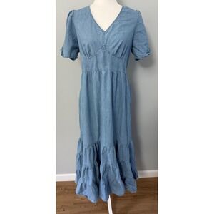 New York & Company Denim Chambray Dress Blue V-Neck Tiered Puff Sleeve Midi Sz L